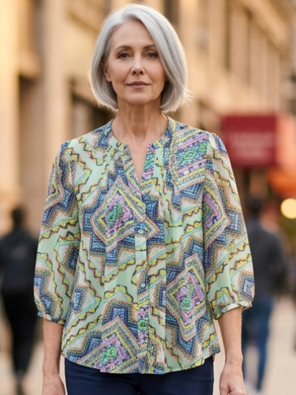 Jade Melody Tam Multicolor Geometric Chiffon Sheer V-Neck Button 3/4 Sleeve L